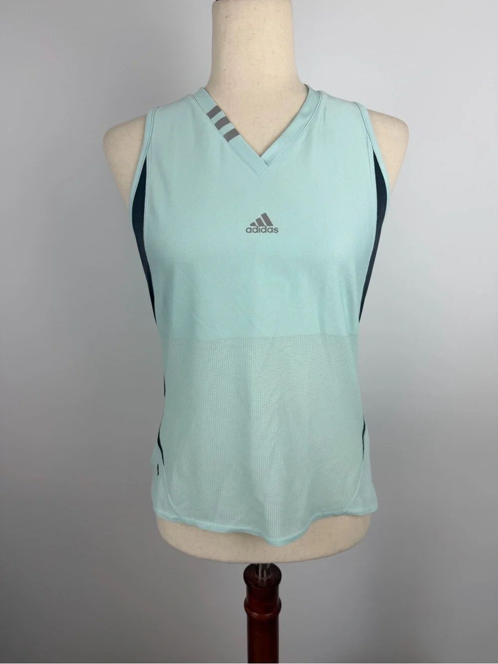 adidas Light Aqua Sleeveless V-Neck Athletic Tank with Navy Accents Size S
